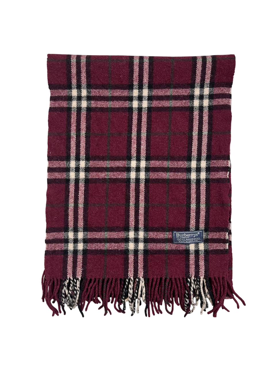 Bordó kockás mintás vintage Burberry sál rojtokkal, gyapjú streetwear kiegészítő