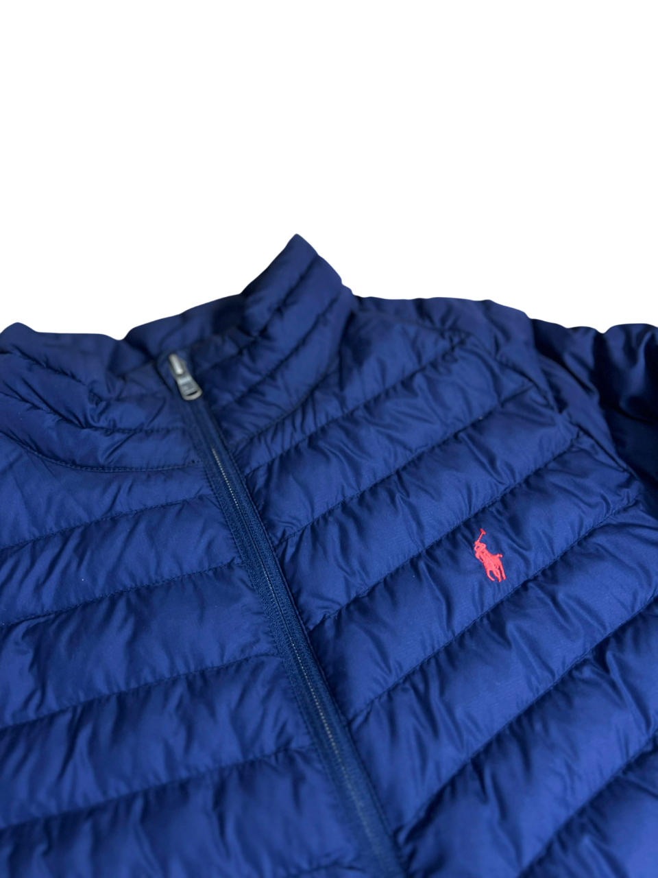 Kék steppelt vintage streetwear dzseki, elöl cipzárral, piros hímzett logóval