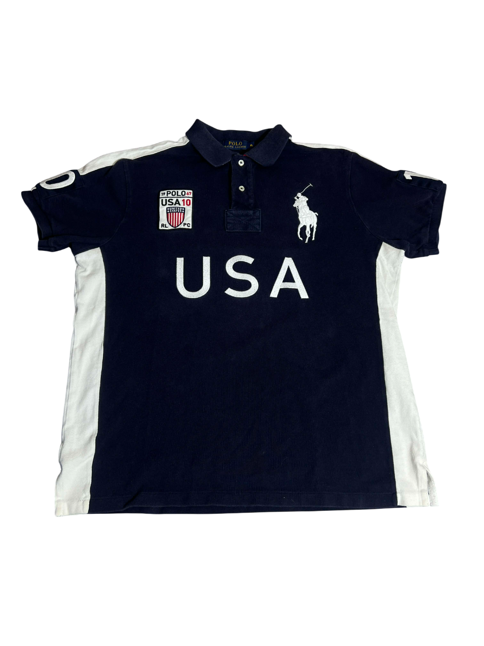 Sötétkék vintage Ralph Lauren USA póló, fehér oldalbetétekkel és hímzett logókkal