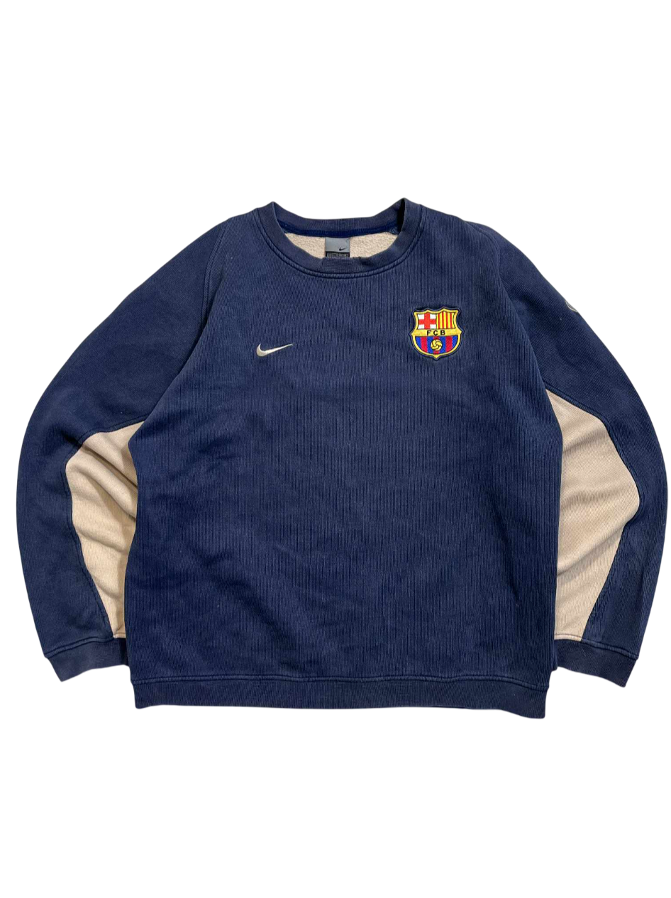 Sötétkék vintage Nike pulóver, Barcelona címerrel és bézs ujjbetétekkel