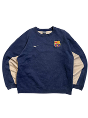 Sötétkék vintage Nike pulóver, Barcelona címerrel és bézs ujjbetétekkel
