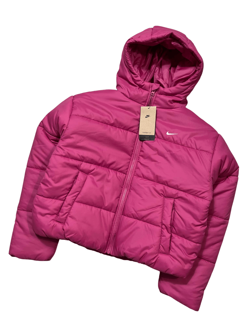 Nike rózsaszín kapucnis pufi dzseki, cipzáros, címkével, streetwear divat