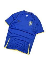 Kék brazil focimez Nike logóval, sárga díszítéssel, CBF címerrel, vintage streetwear stílusban.