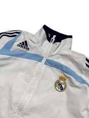 Fehér Adidas Real Madrid vintage streetwear dzseki, kék csíkkal és logóval
