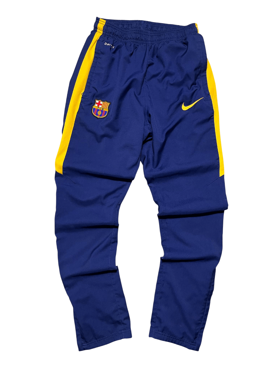 Férfi vintage Nike Barcelona melegítőnadrág, sötétkék, sárga csíkkal, hímzett logóval
