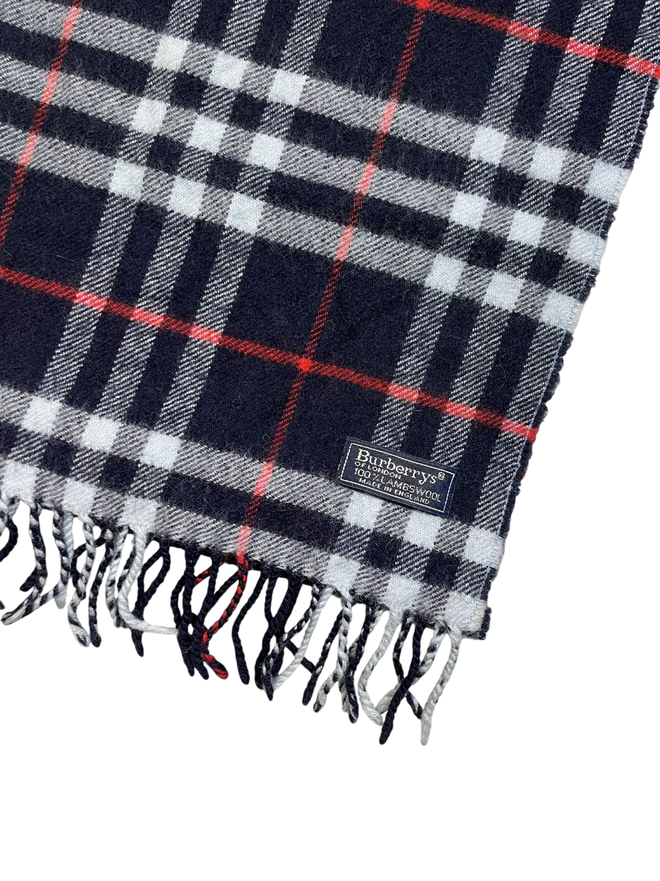 Burberry's vintage kockás sál fekete, fehér és piros színben, logóval, rojtos szegéllyel