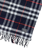 Burberry's vintage kockás sál fekete, fehér és piros színben, logóval, rojtos szegéllyel