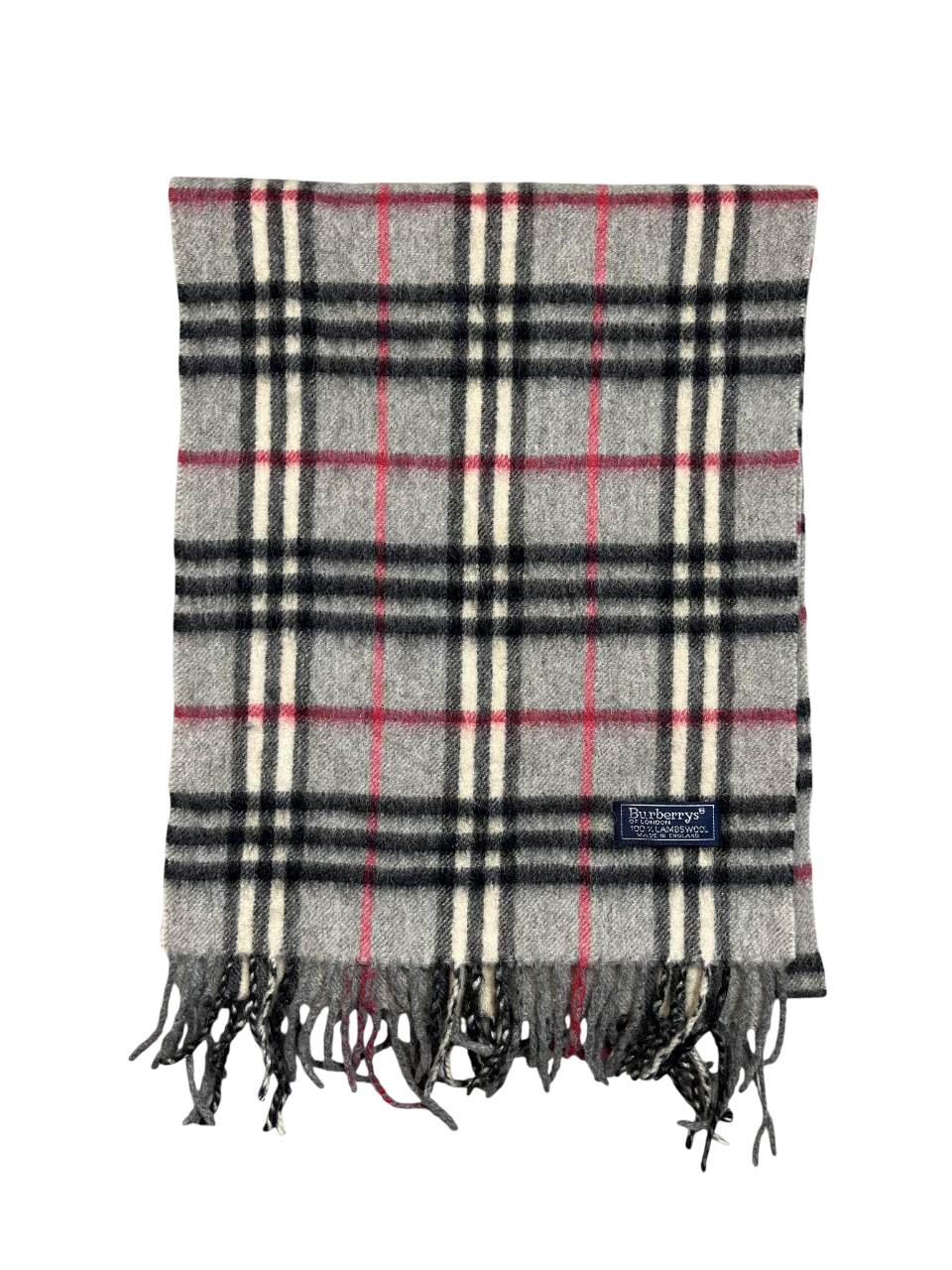 Szürke vintage kockás gyapjúsál, fekete, piros és bézs mintával, rojtokkal