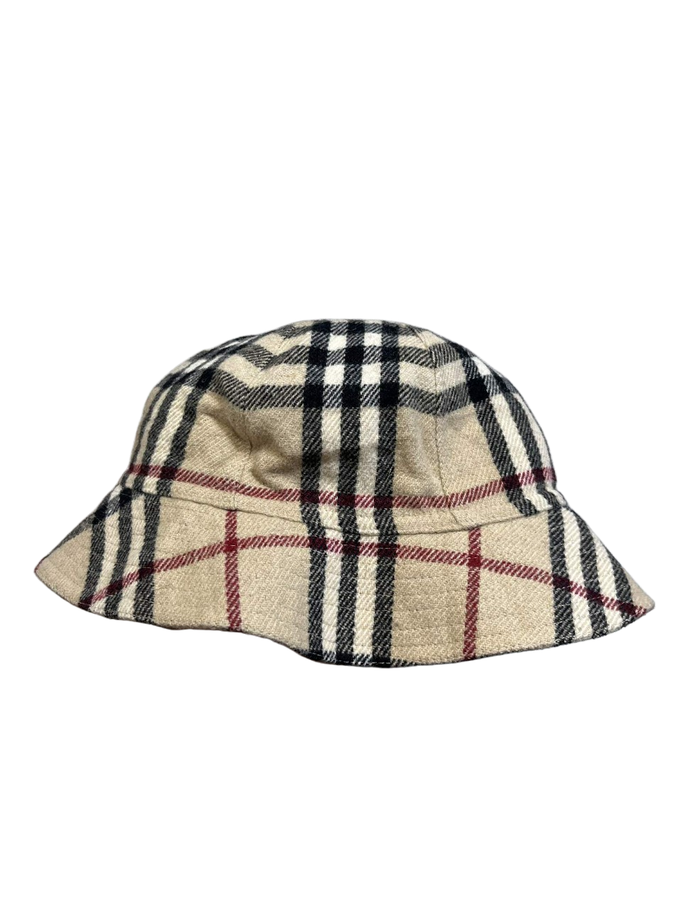 Vintage kockás mintás bucket hat, bézs alapon fekete és piros csíkokkal, streetwear stílus