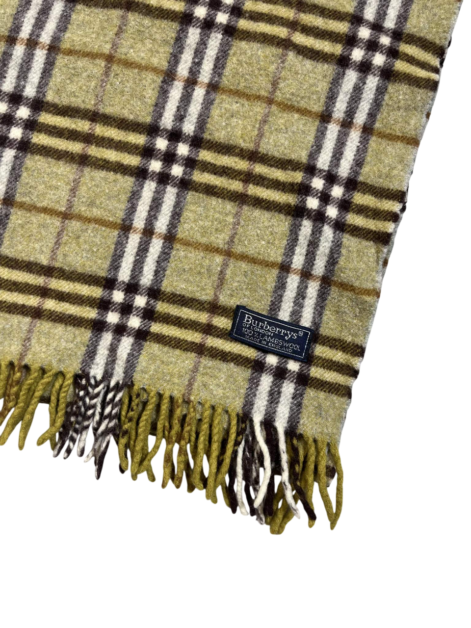 Kockás, zöld gyapjúsál vintage stílusban, rojtos szegéllyel, Burberry címkével.