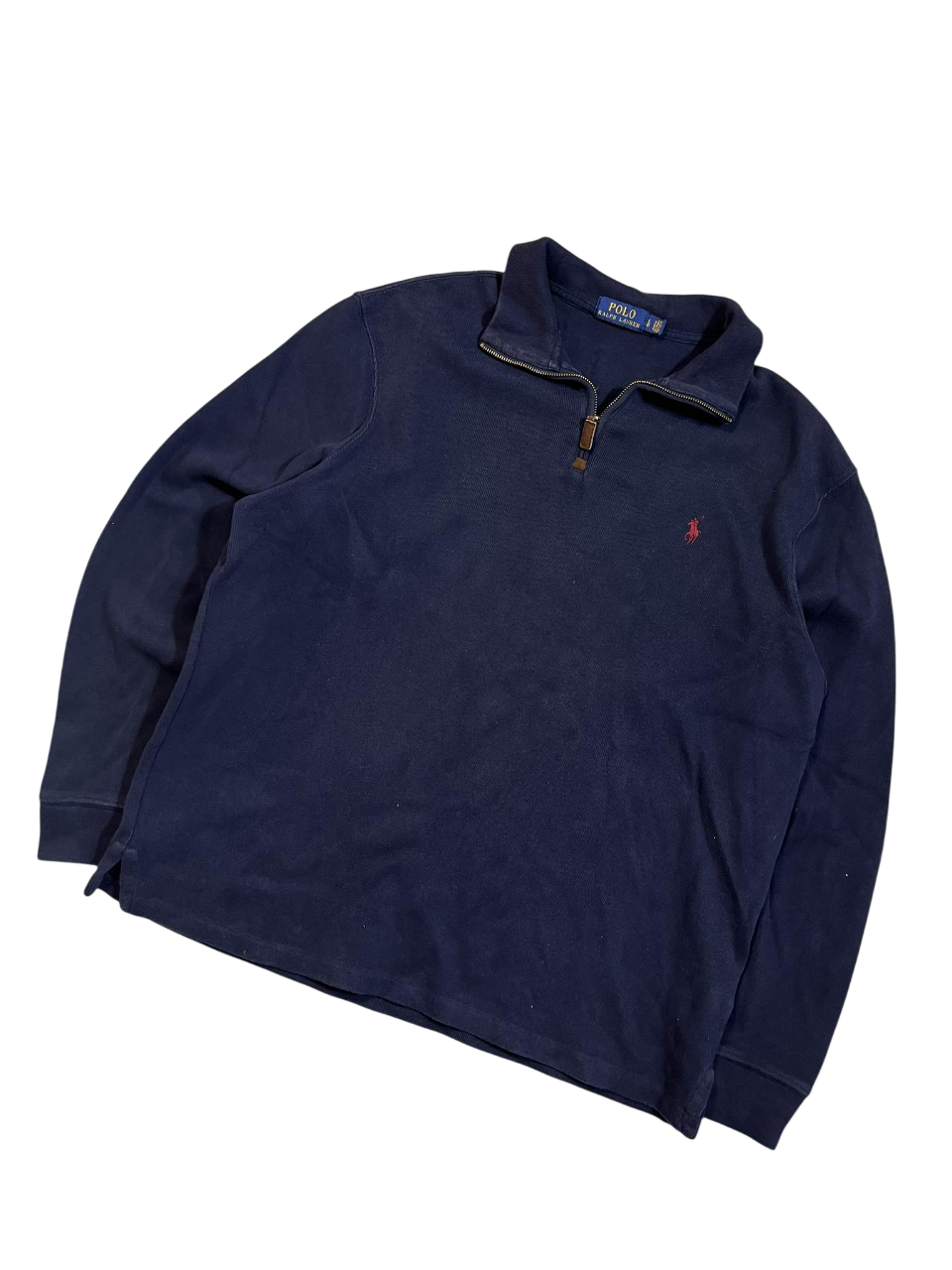 Sötétkék vintage hosszú ujjú Ralph Lauren pulóver cipzáras gallérral, férfi streetwear.