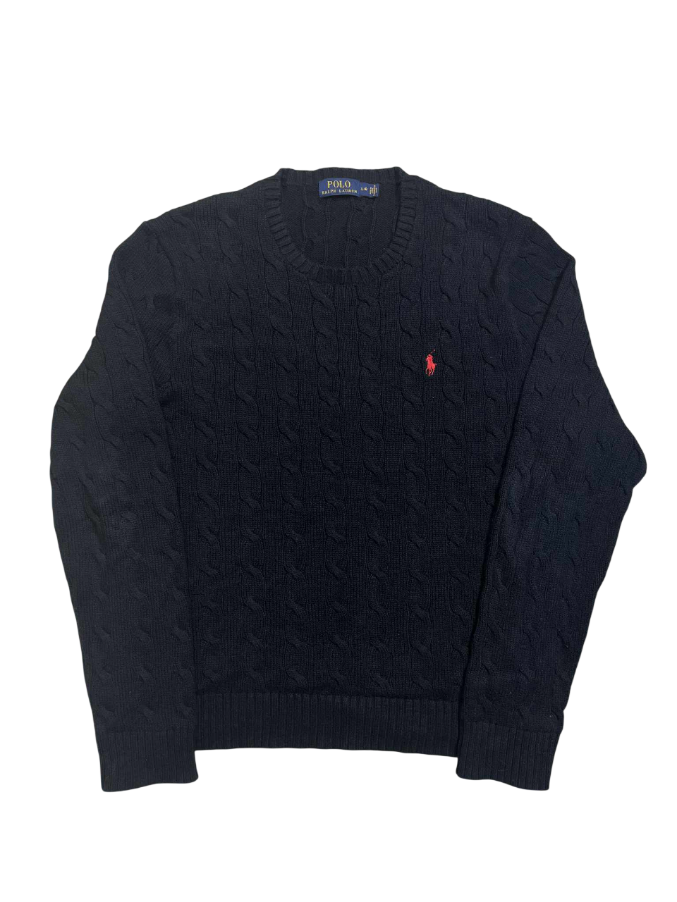 Fekete, kötött vintage Polo Ralph Lauren pulóver piros logóval, kerek nyakkivágással.