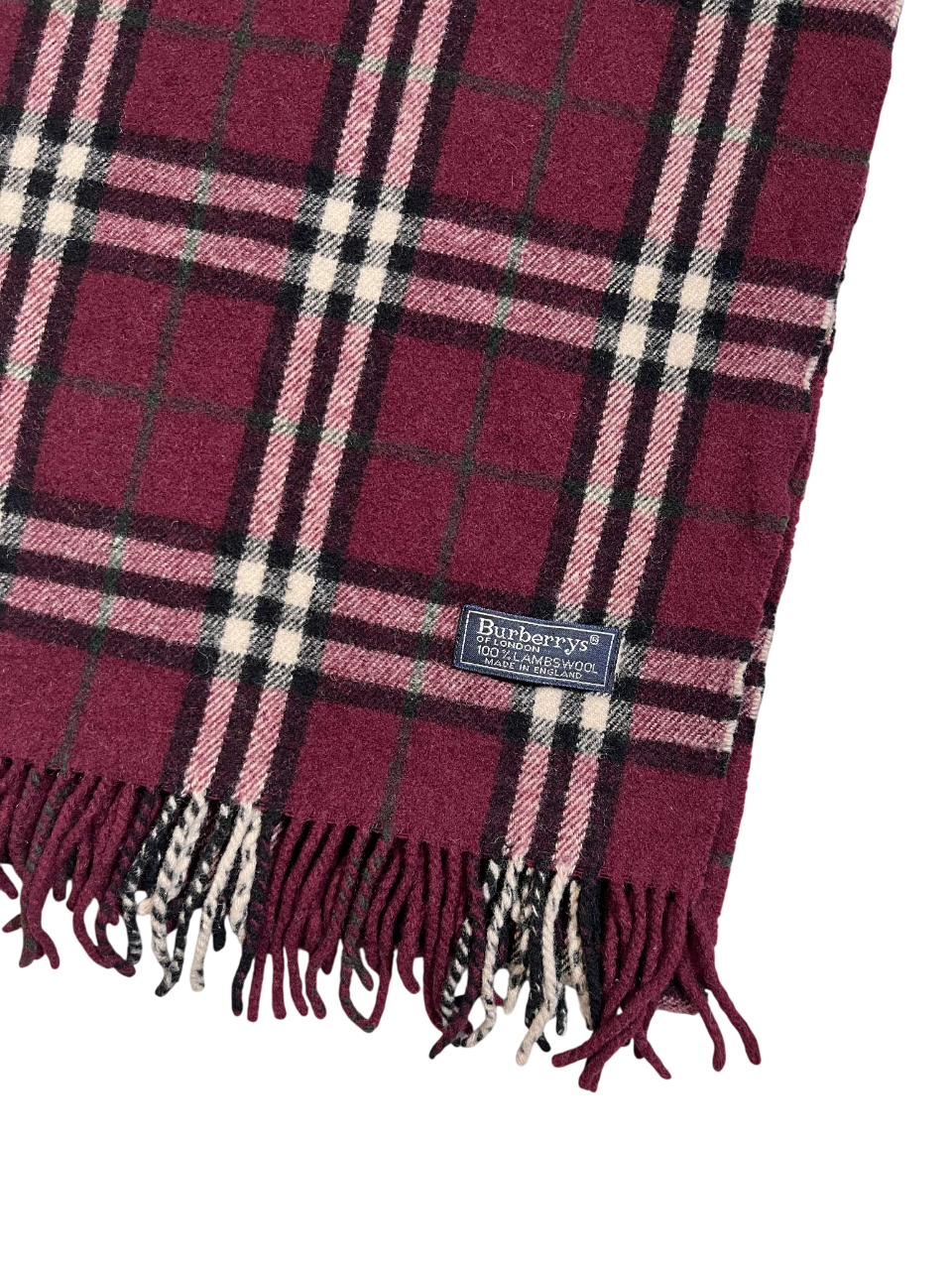 Bordó kockás vintage gyapjú sál rojtos szegéllyel, Burberry címkével