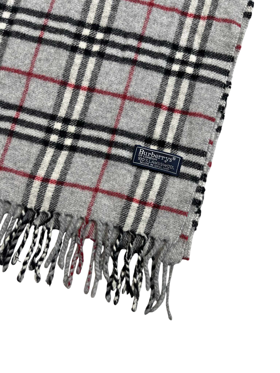 Szürke kockás vintage gyapjú sál, rojtokkal, klasszikus streetwear stílusban.