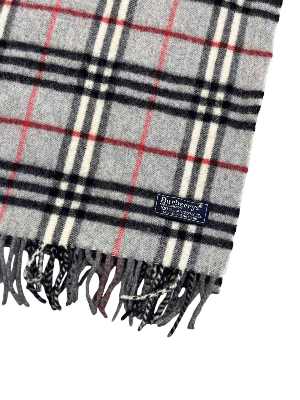 Szürke kockás gyapjúsál címkével, piros és fekete csíkos, vintage streetwear stílus