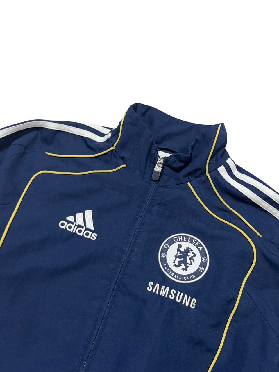 Sötétkék adidas Chelsea FC férfi vintage melegítő felső, logókkal, fehér csíkokkal