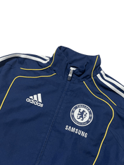 Sötétkék adidas Chelsea FC férfi vintage melegítő felső, logókkal, fehér csíkokkal