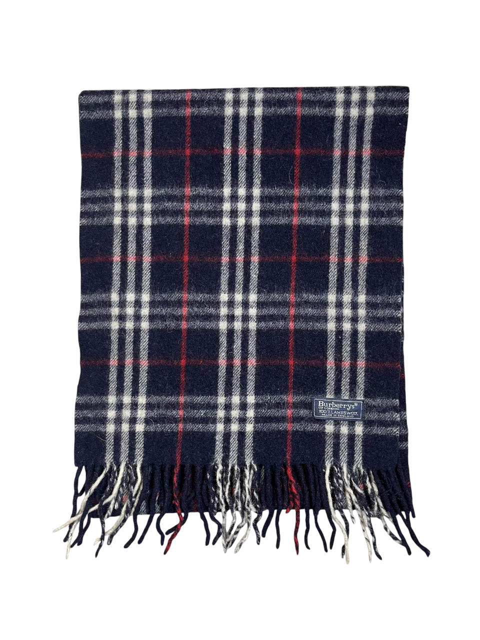 Sötétkék-fehér-piros kockás vintage sál rojtos széllel, Burberrys címkével.