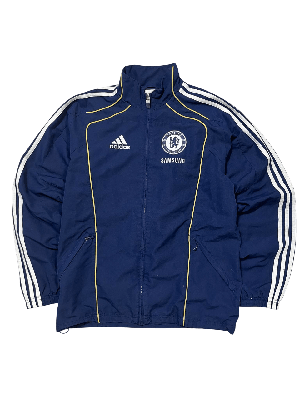 Adidas sötétkék vintage Chelsea focis melegítő felső fehér csíkokkal és zipzárral