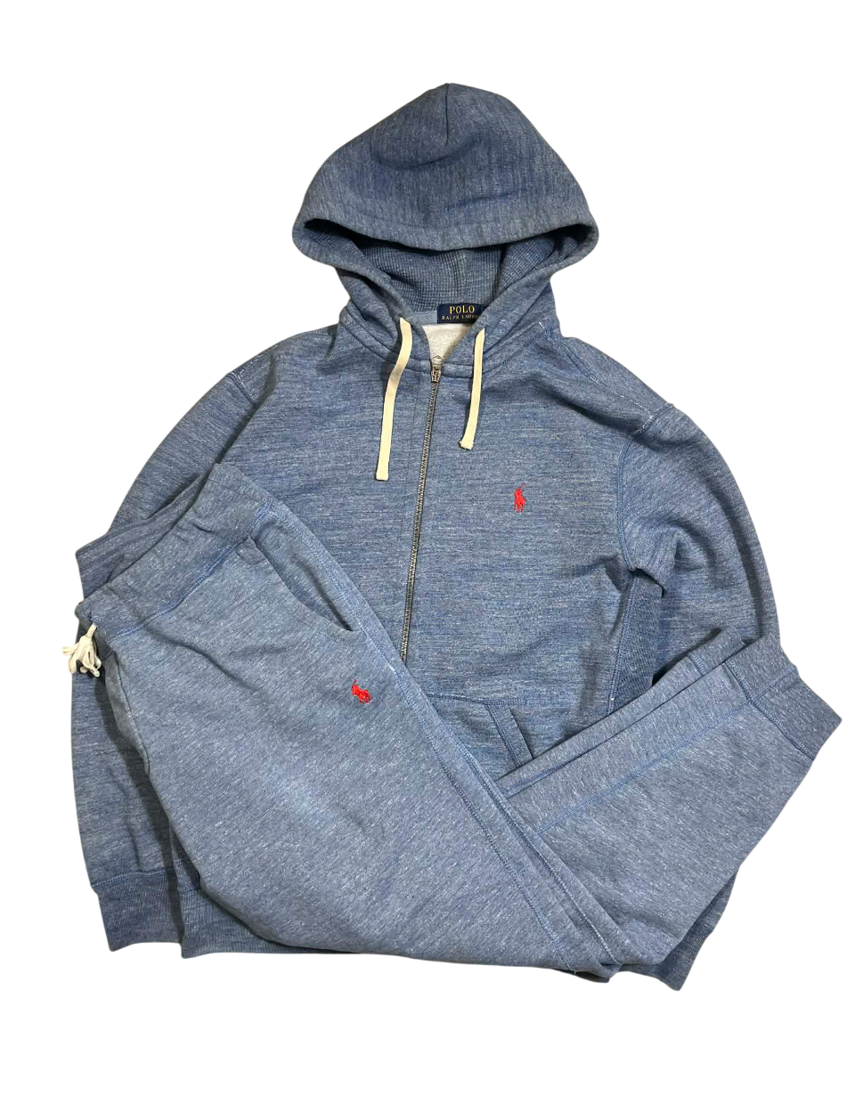 Kék vintage streetwear melegítő szett, kapucnis pulóver és nadrág, piros logóval