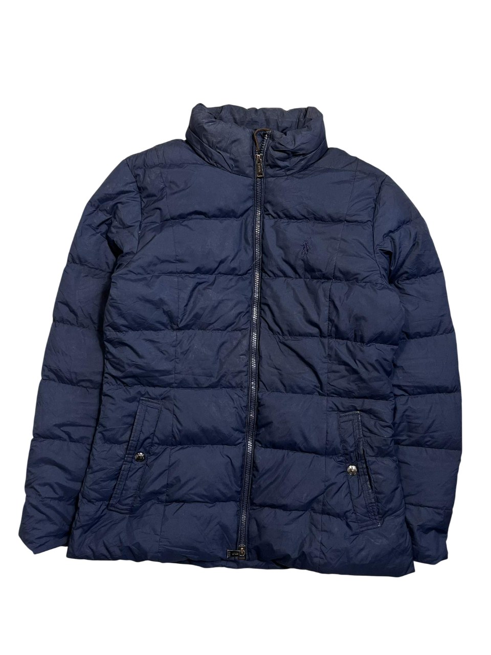 Sötétkék steppelt férfi pufi dzseki cipzárral, klasszikus streetwear stílusban