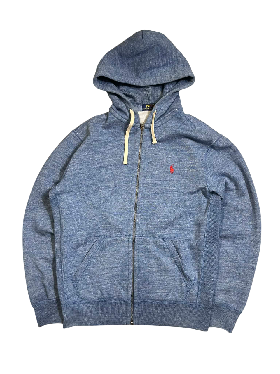 Kék férfi streetwear cipzáros kapucnis pulóver, vintage stílus, elöl zsebbel