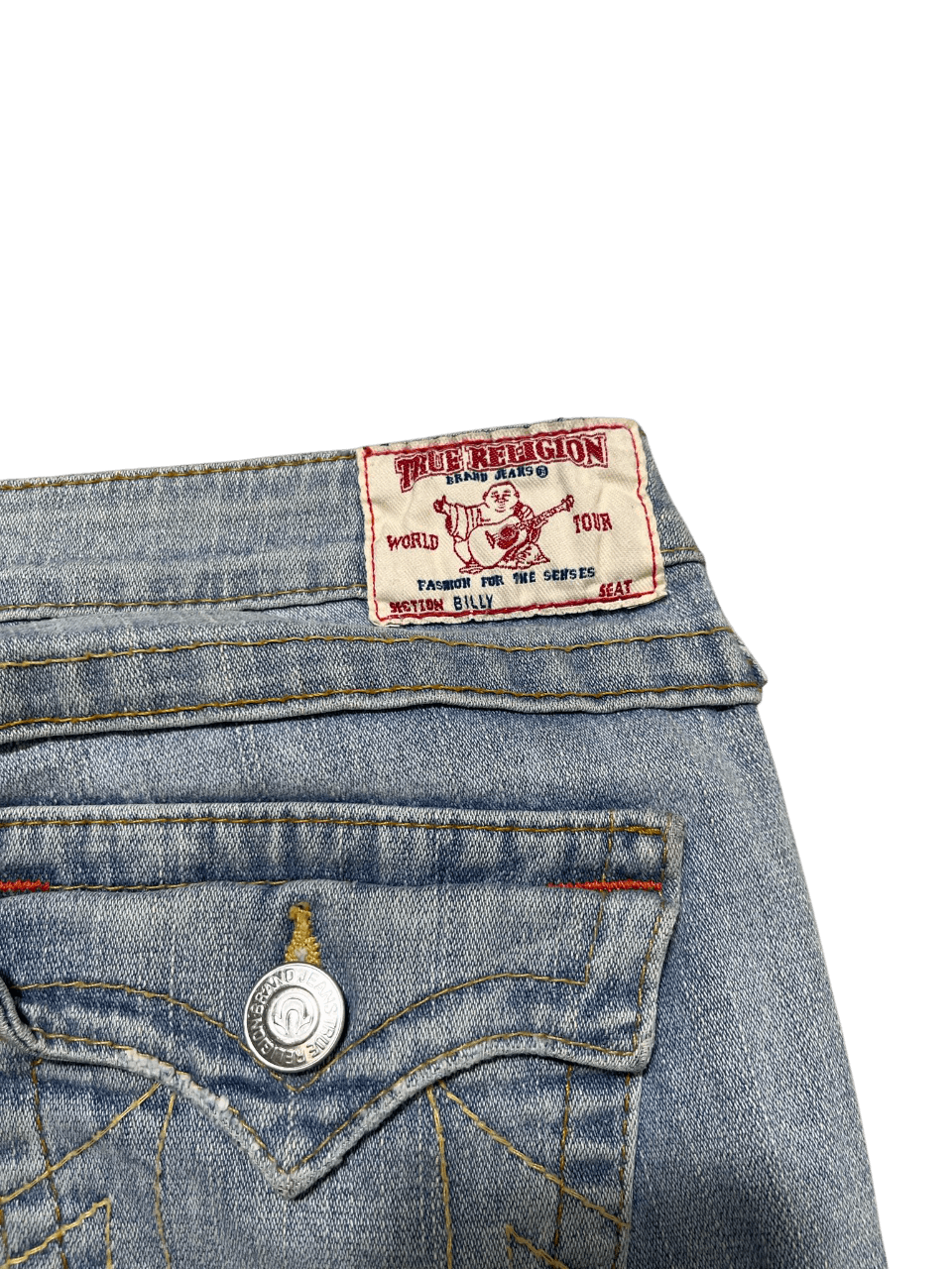 True Religion vintage farmernadrág címkéje és részletek, streetwear stílusban