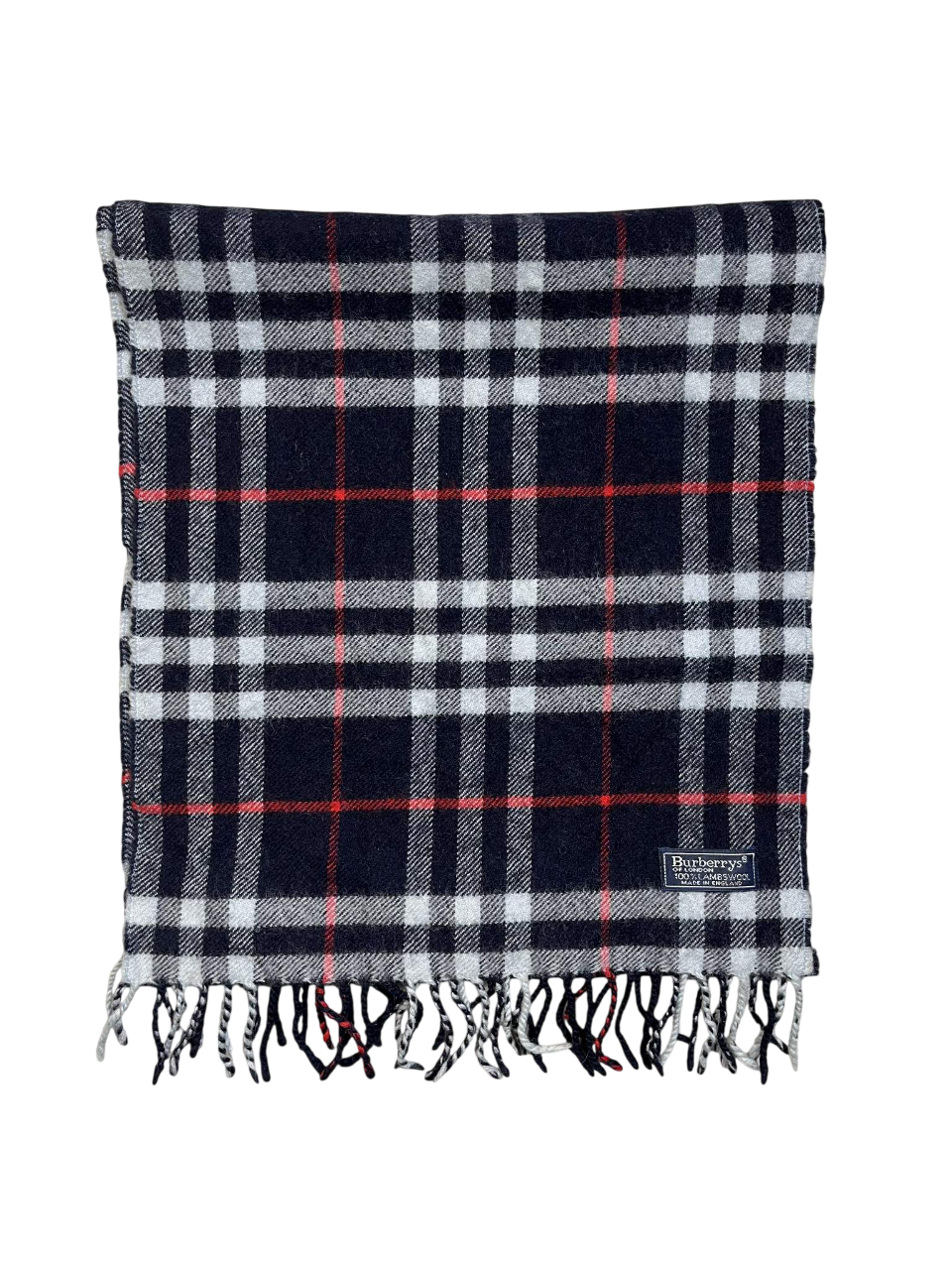 Fekete-fehér-piros kockás vintage sál rojtokkal, Burberrys címkével, streetwear stílus