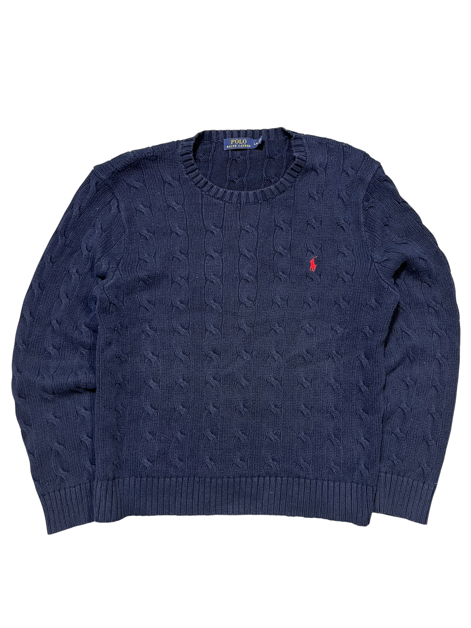 Sötétkék vintage kötött pulóver, kerek nyakkal, bal oldalon hímzett logóval.