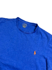 Kék Ralph Lauren póló, slim fit fazon, narancs logóval, vintage streetwear stílus