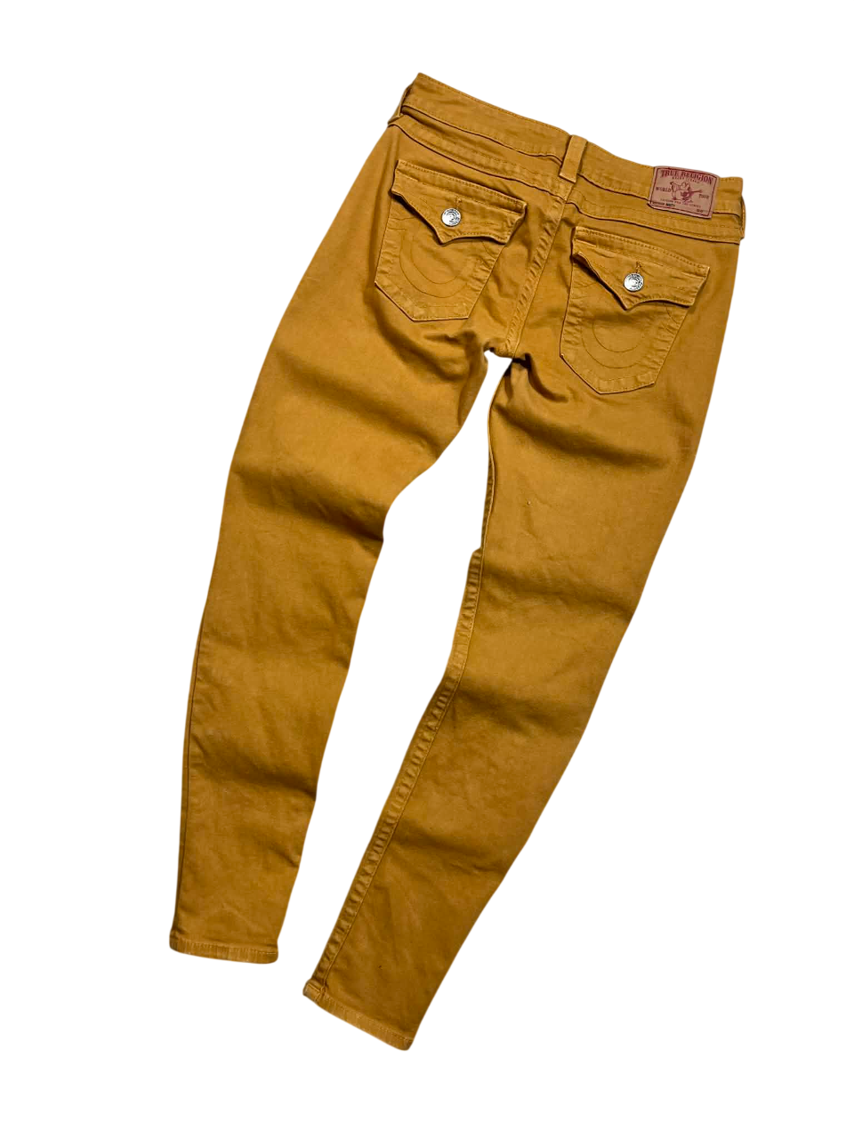 Mustársárga skinny fazonú True Religion farmernadrág, vintage streetwear stílusban