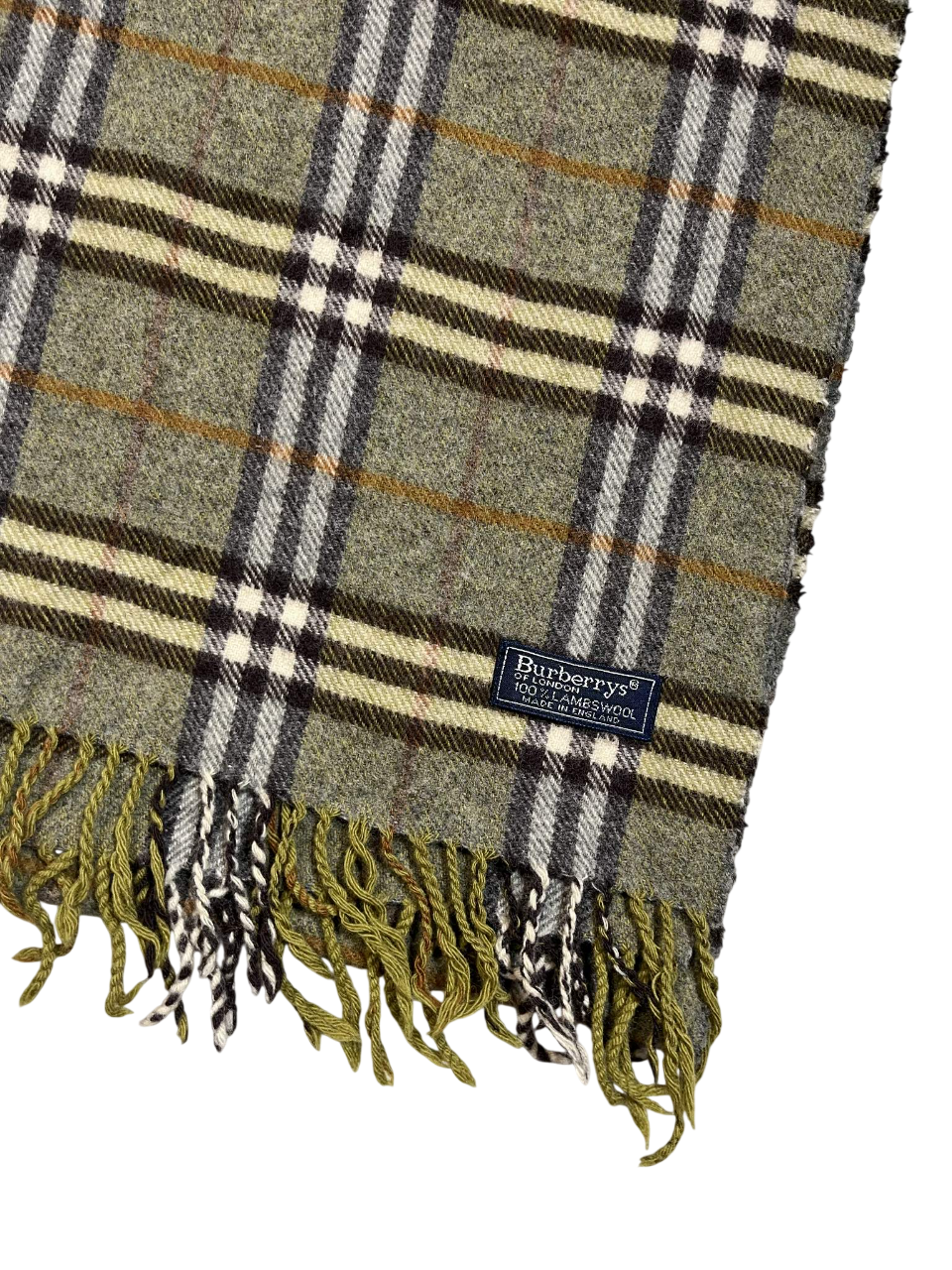 Zöld kockás gyapjúsál rojtokkal, Burberry címkével, vintage streetwear stílusban