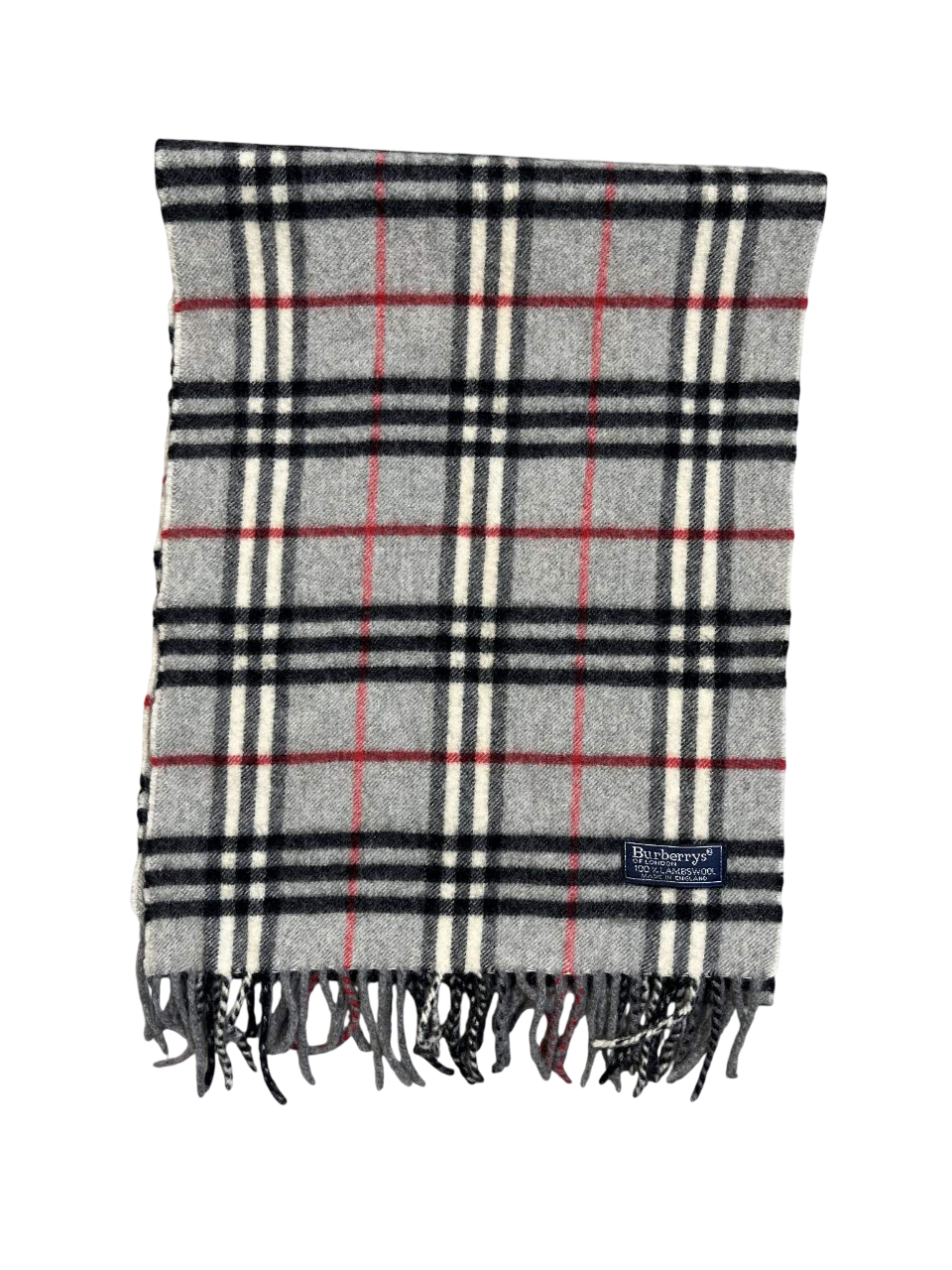 Szürke kockás vintage Burberry sál bojtokkal, designer streetwear kiegészítő