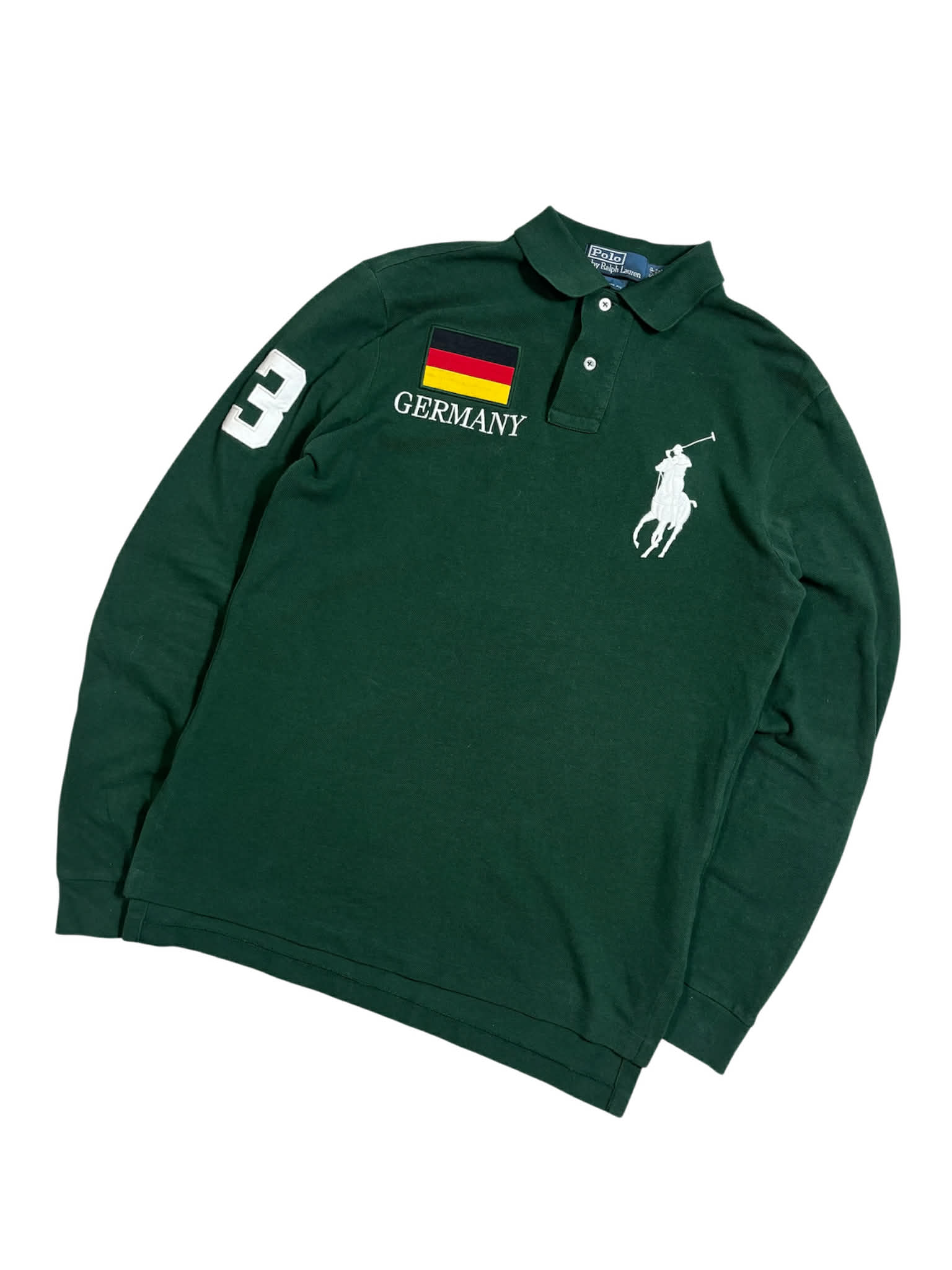Sötétzöld vintage Polo Ralph Lauren hosszú ujjú galléros póló, Németország zászlóval és 3-as számmal.