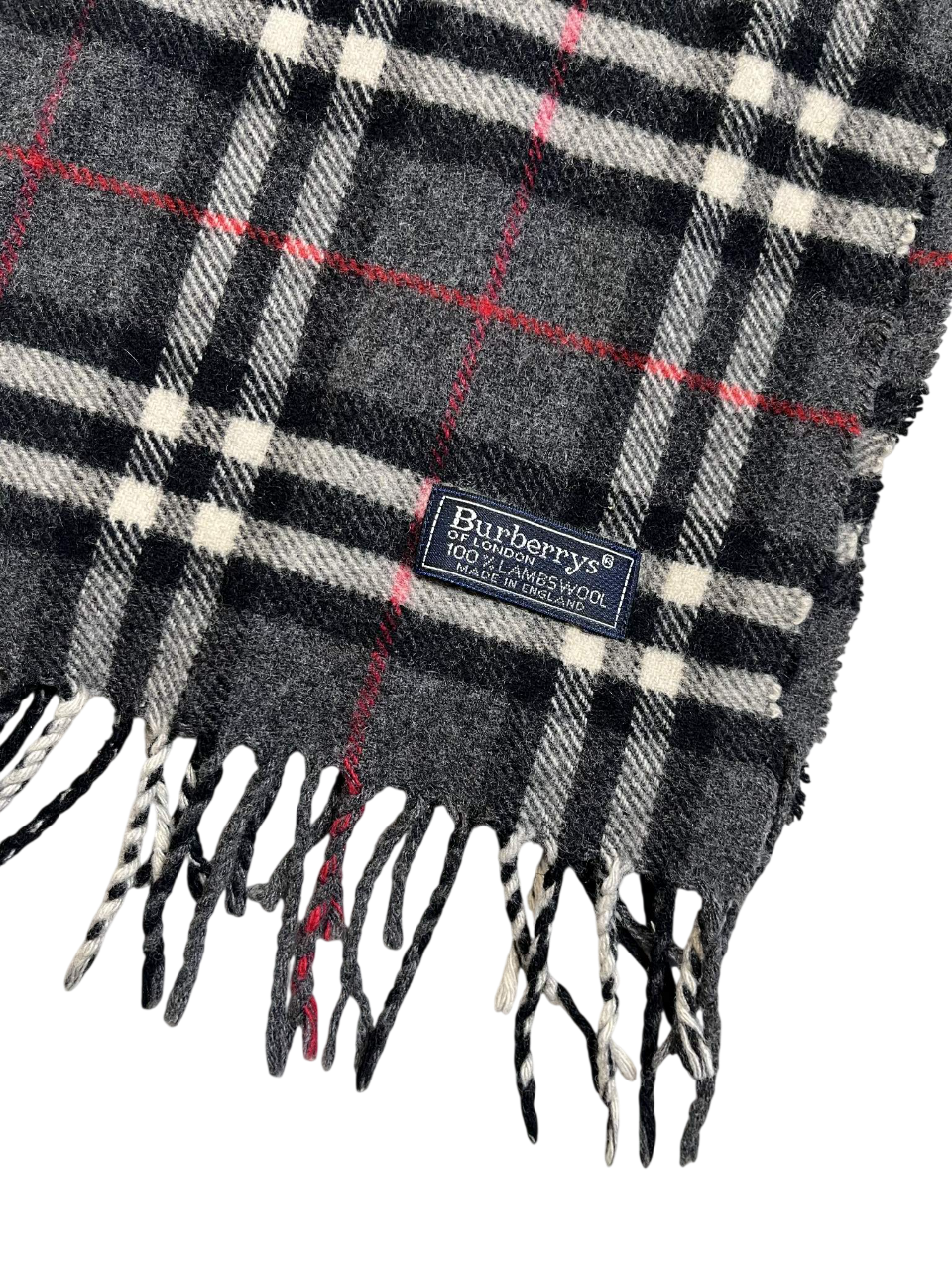 Fekete-fehér kockás vintage gyapjú sál rojtos szegéllyel és címkével, streetwear divat