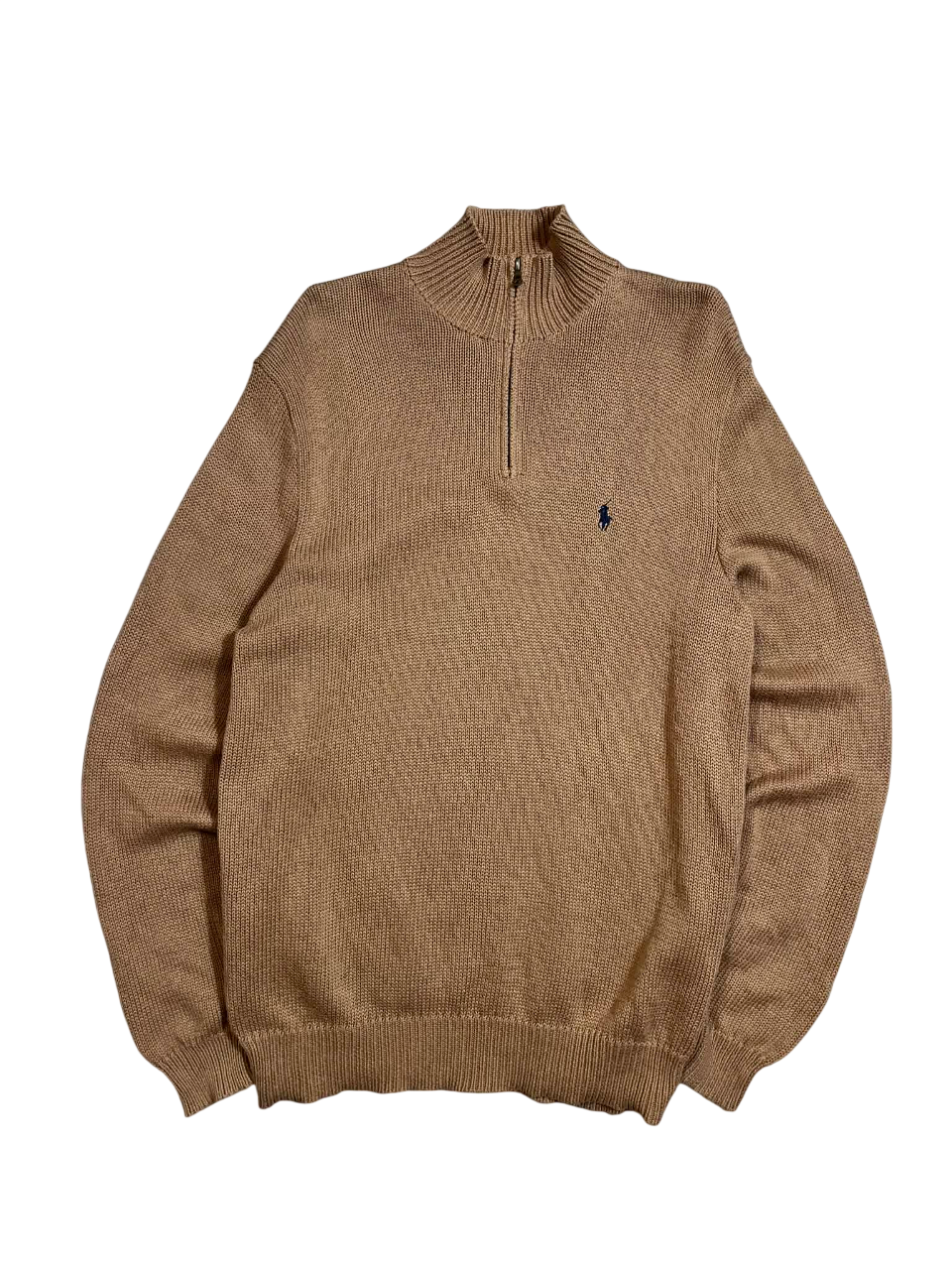 Bézs kötött férfi félcipzáras pulóver, bal mellkason kis hímzett logóval