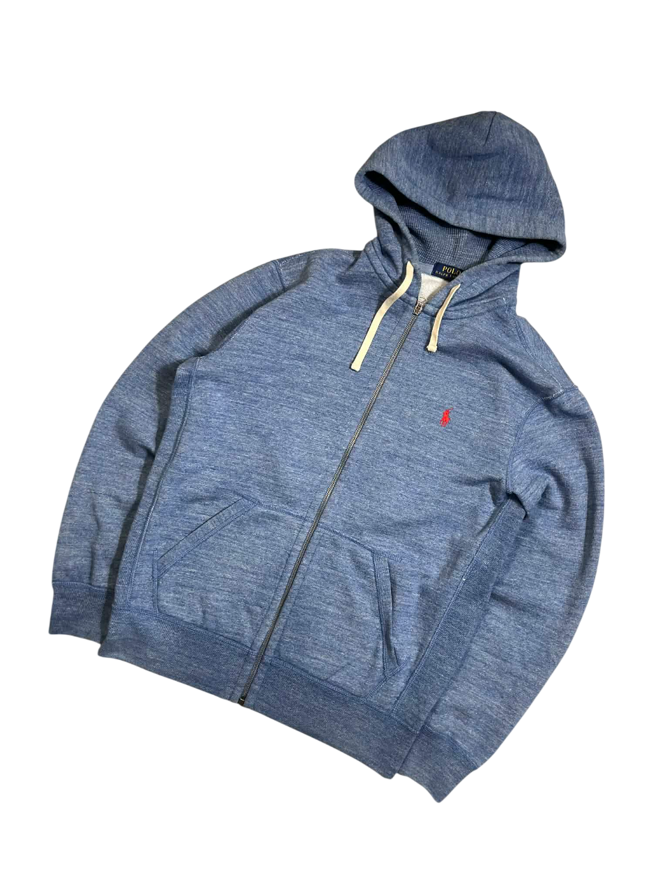 Kék cipzáras kapucnis pulóver elöl zsebbel, vintage streetwear stílusban.