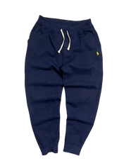 Sötétkék vintage melegítőnadrág, hímzett sárga ló logóval, fehér zsinórral