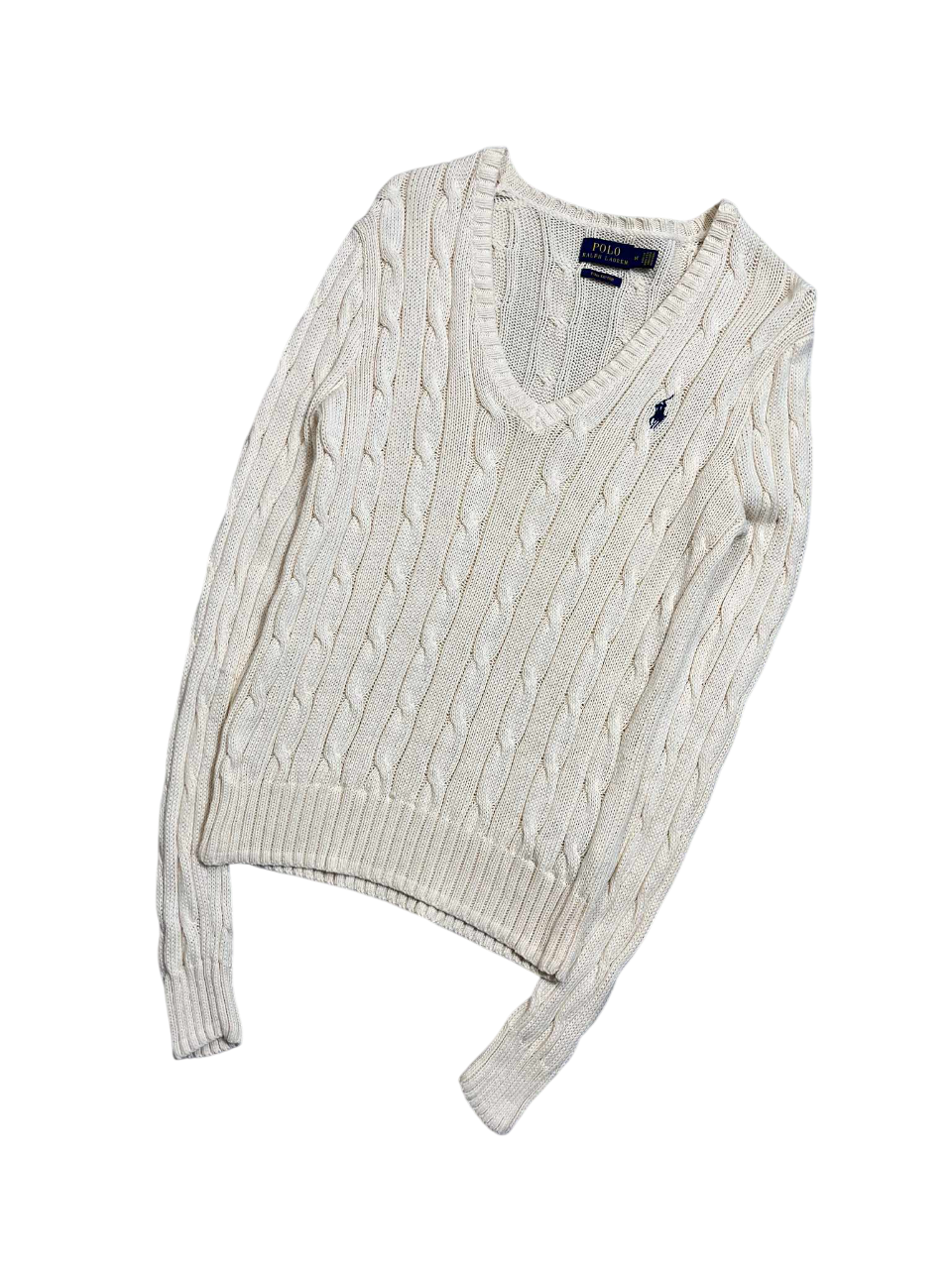 Fehér, kötött, V-nyakú vintage pulóver hímzett logóval, streetwear stílusban