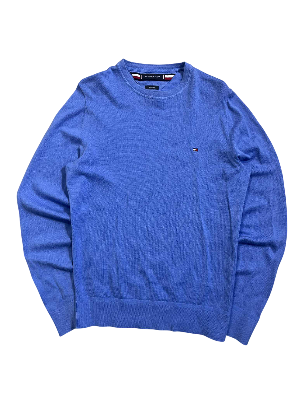 kék férfi pulóver, hímzett logóval, vintage streetwear stílus, hosszú ujjú felső