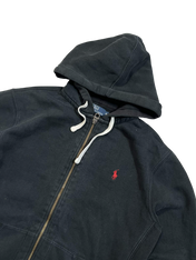 Fekete vintage kapucnis zipzáras pulóver piros hímzett ló motívummal, streetwear stílus