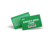 Zöld műanyag étkezési kártya Simon's Meal Card felirattal és vonalkóddal, modern dizájn