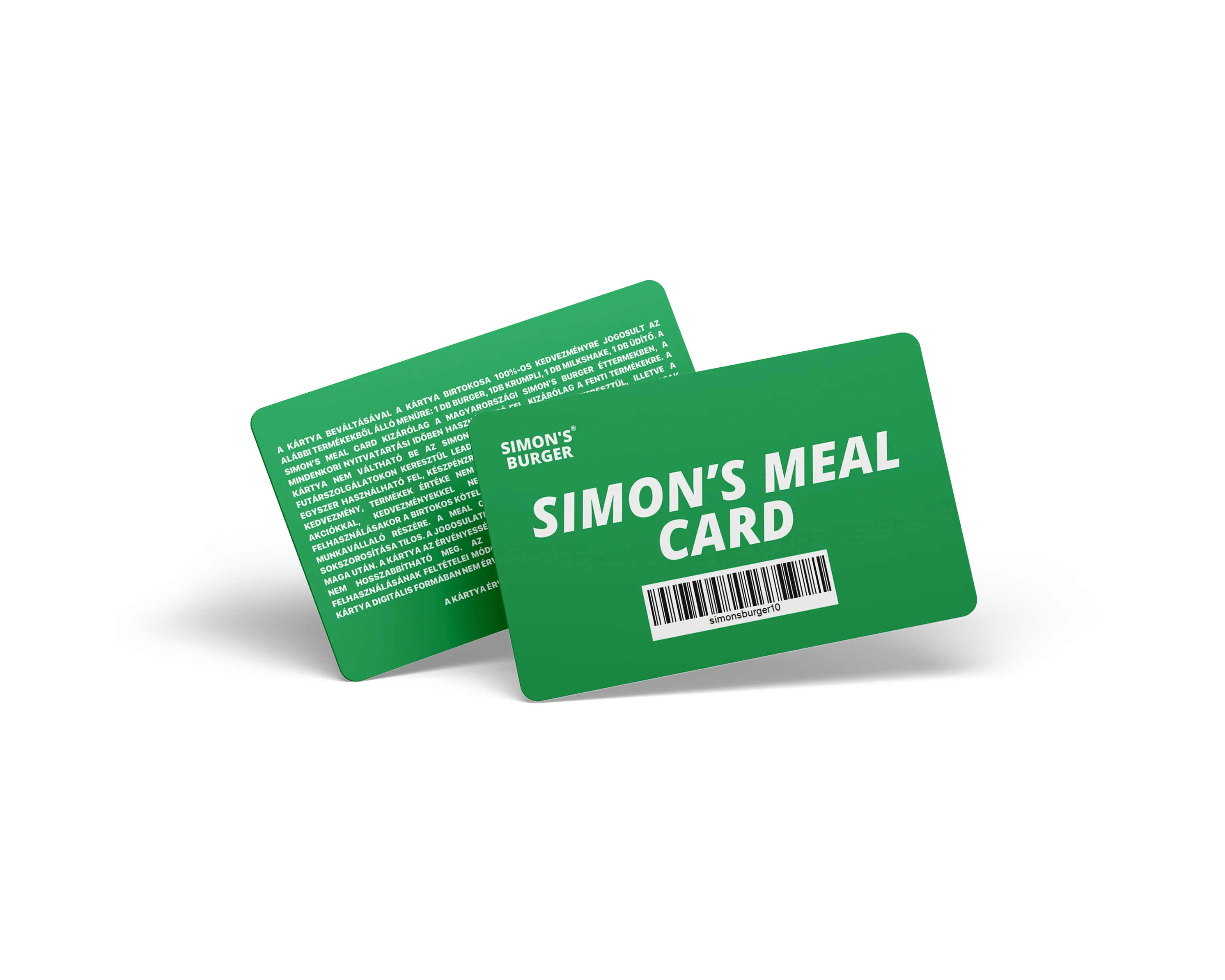Zöld műanyag étkezési kártya Simon's Meal Card felirattal és vonalkóddal, modern dizájn